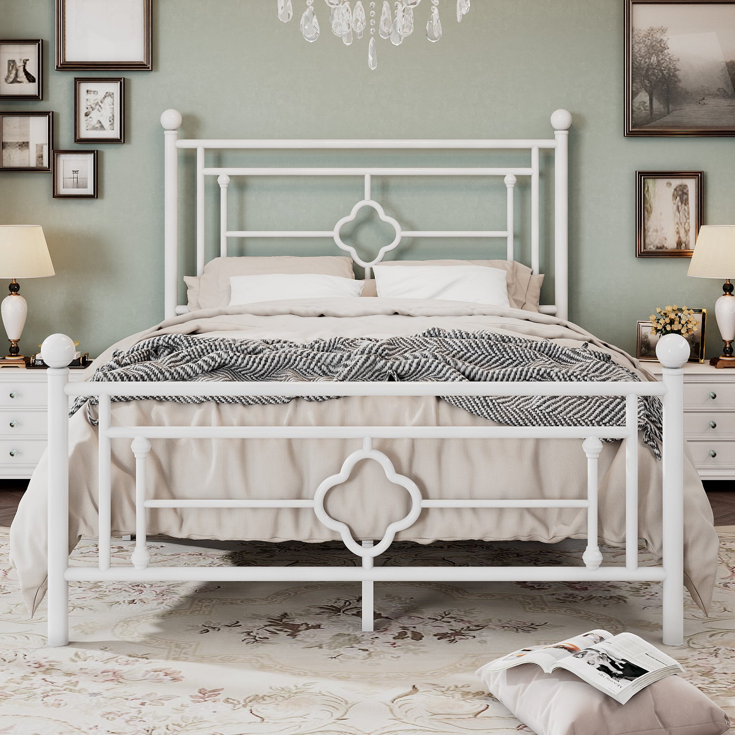 Allewie Metal Platform Bed Frame with Victorian Vintage Headboard and Footboard, Black