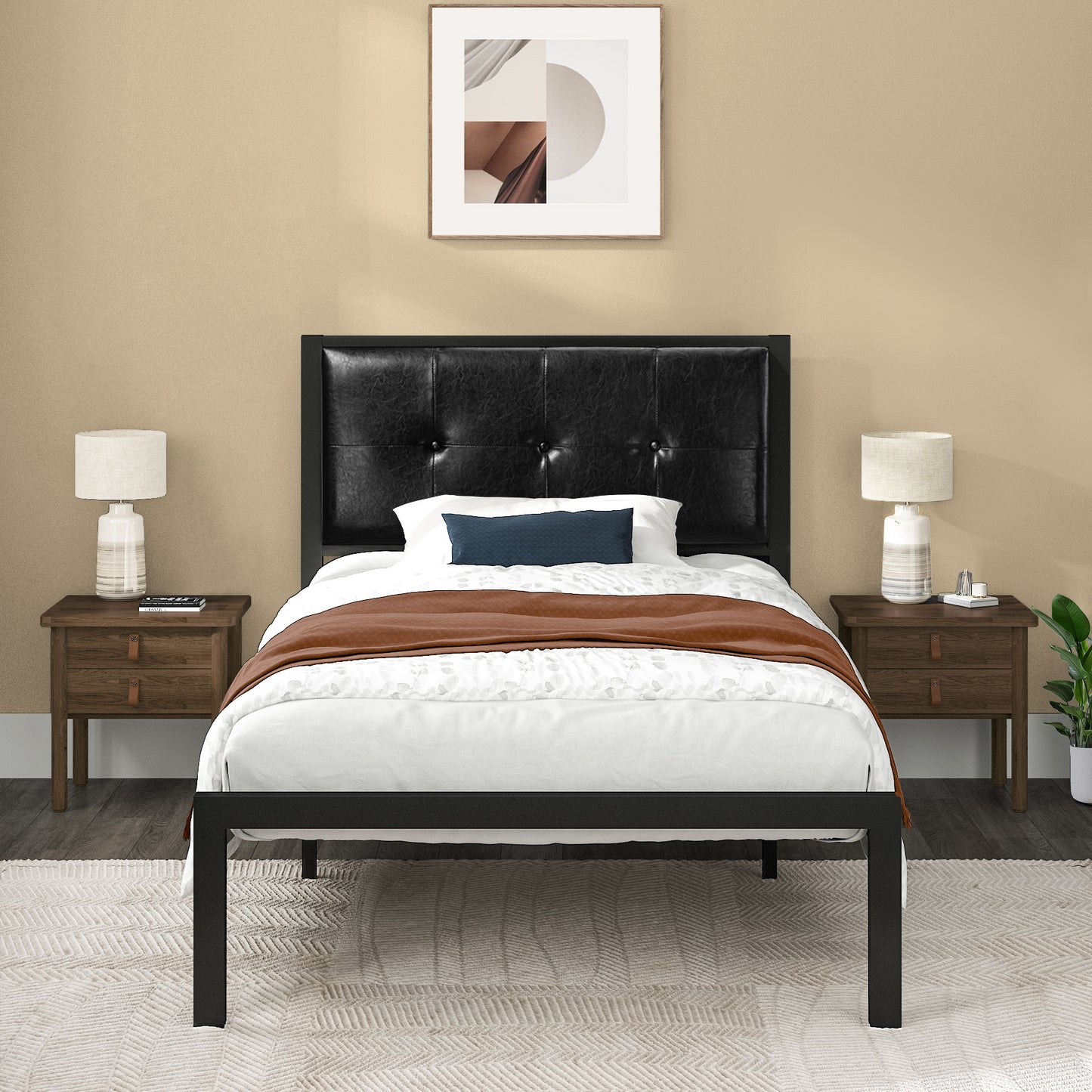 Allewie Faux Leather Platform Bed Frame Button Tufted Square Stitched Headboard, Black