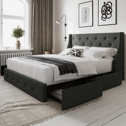 Allewie Bed Frame with 4 Storage Drawers and Button Tufted & Wingback Headboard