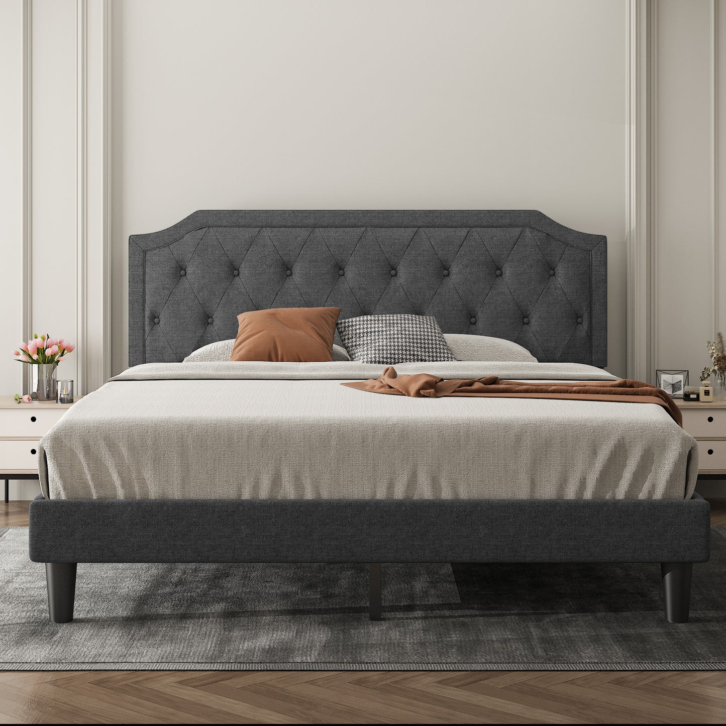 Allewie Upholstered Platform Bed Frame with Diamond Button Tufted Headboard, Sturdy Wood Slat Support