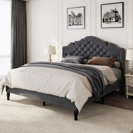 Allewie Platform Bed Frame with Upholstered Diamond Button Tufted Adjustable Fabric Headboard, Dark Grey