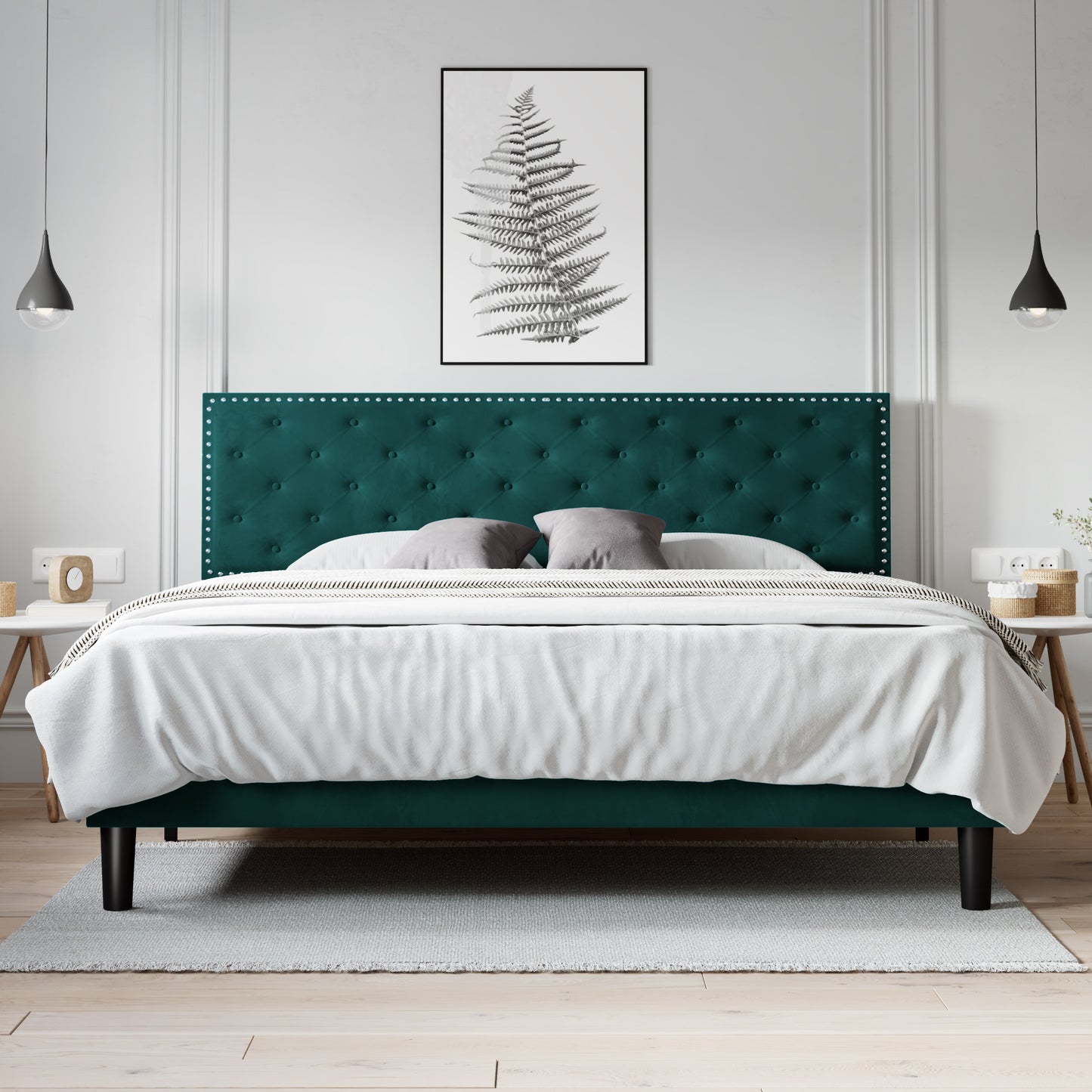 Allewie Bed Frame, Velvet Upholstered Platform Bed with Adjustable Diamond Button Tufted & Nailhead Trim Headboard