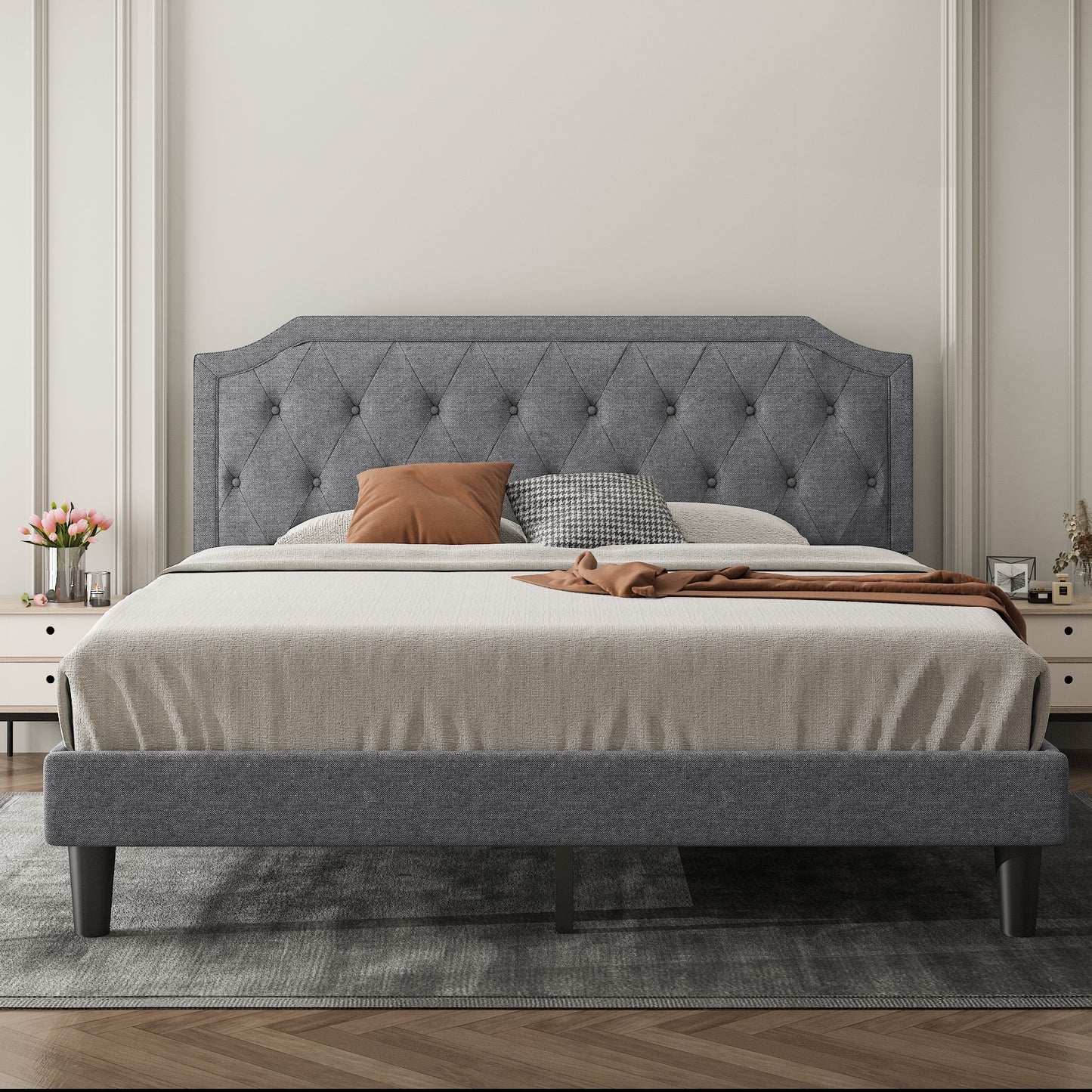 Allewie Upholstered Platform Bed Frame with Diamond Button Tufted Headboard, Sturdy Wood Slat Support