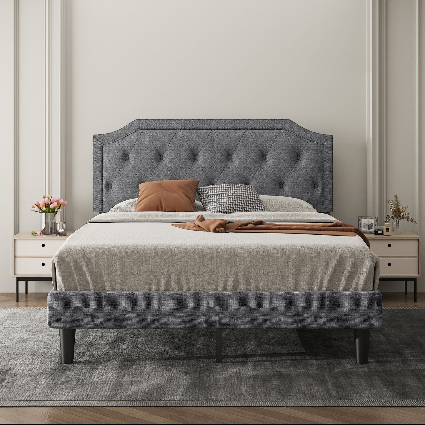 Allewie Upholstered Platform Bed Frame with Diamond Button Tufted Headboard, Sturdy Wood Slat Support