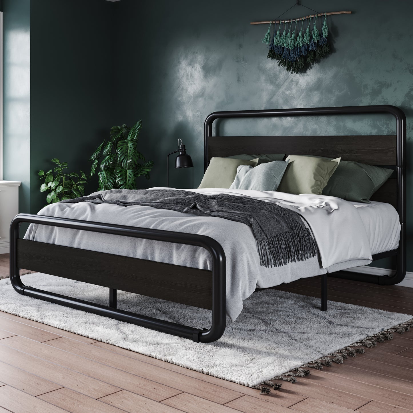 Allewie Metal Bed Frame with Wooden Headboard & Footboard, Heavy Duty Platform Frame with Under-Bed Storage