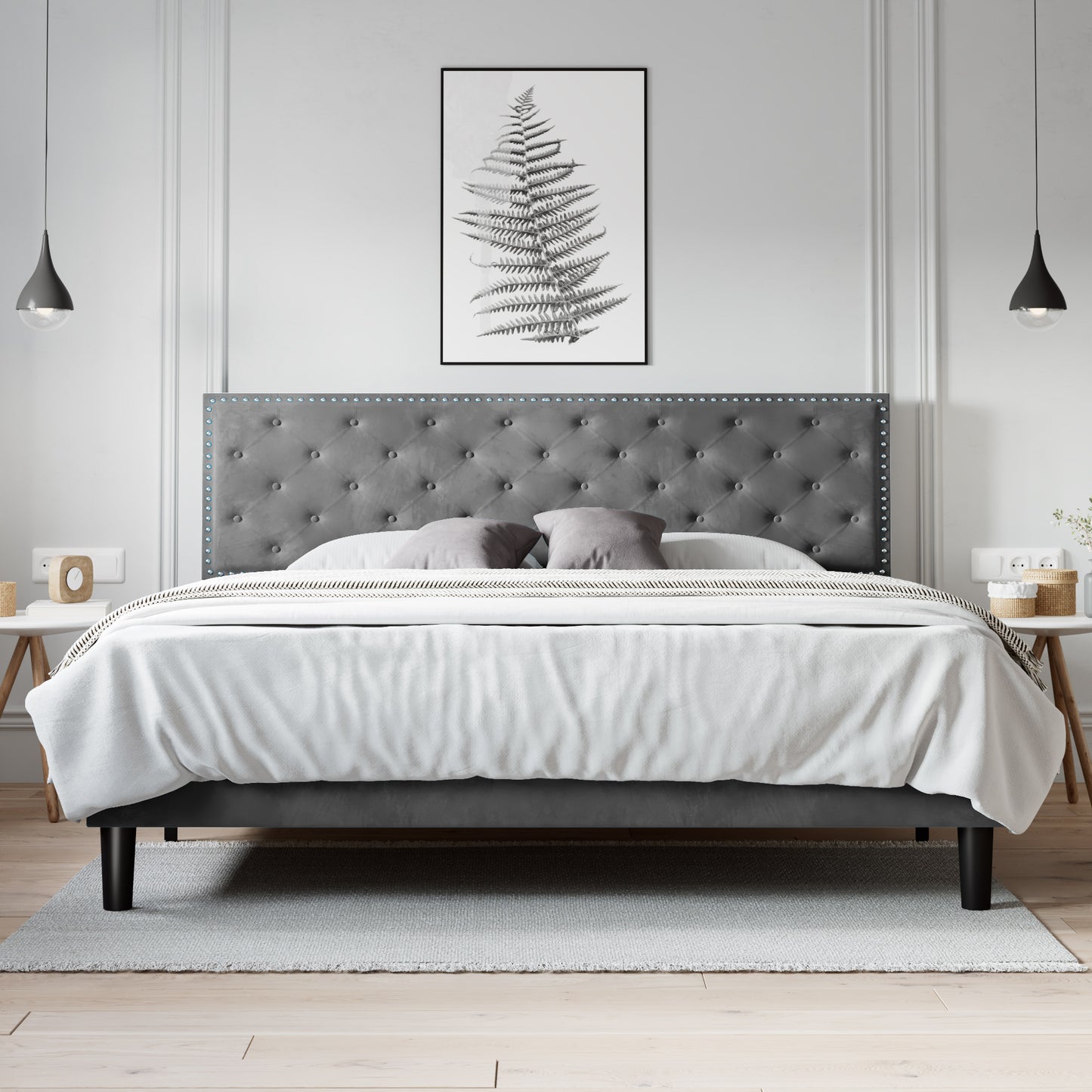 Allewie Bed Frame, Velvet Upholstered Platform Bed with Adjustable Diamond Button Tufted & Nailhead Trim Headboard