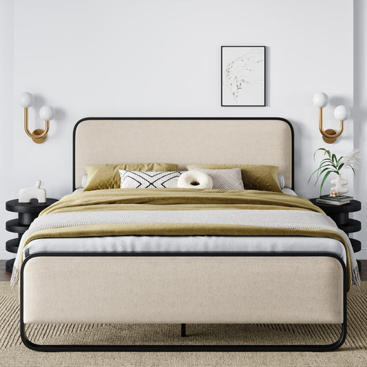 Allewie Metal Platform Bed Frame with Curved Upholstered Headboard and Footboard