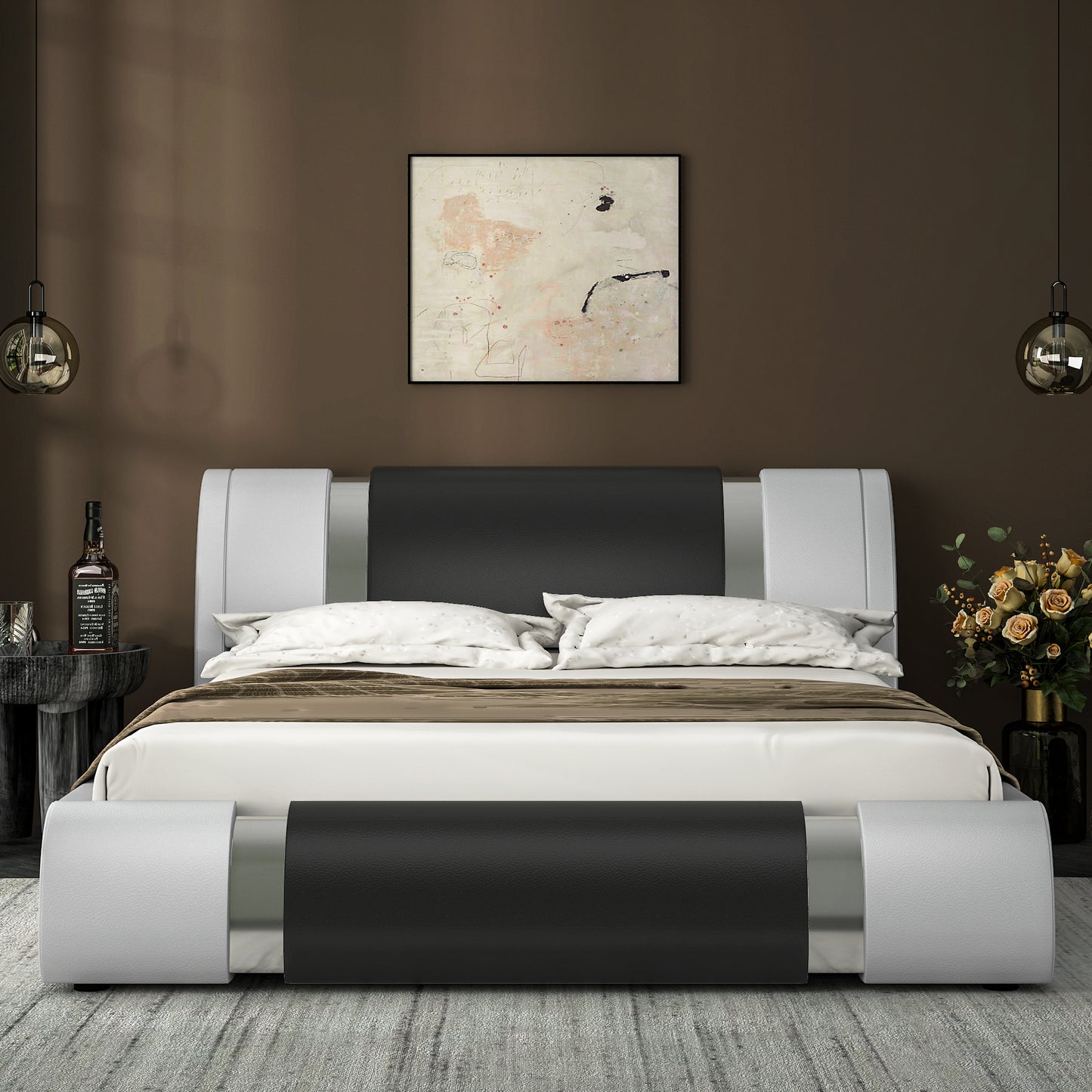 Allewie Queen Size Faux Leather Upholstered Platform Bed with Iron Piece Decoration Adjustable Headboard, 24 Wooden Slats, Black and White