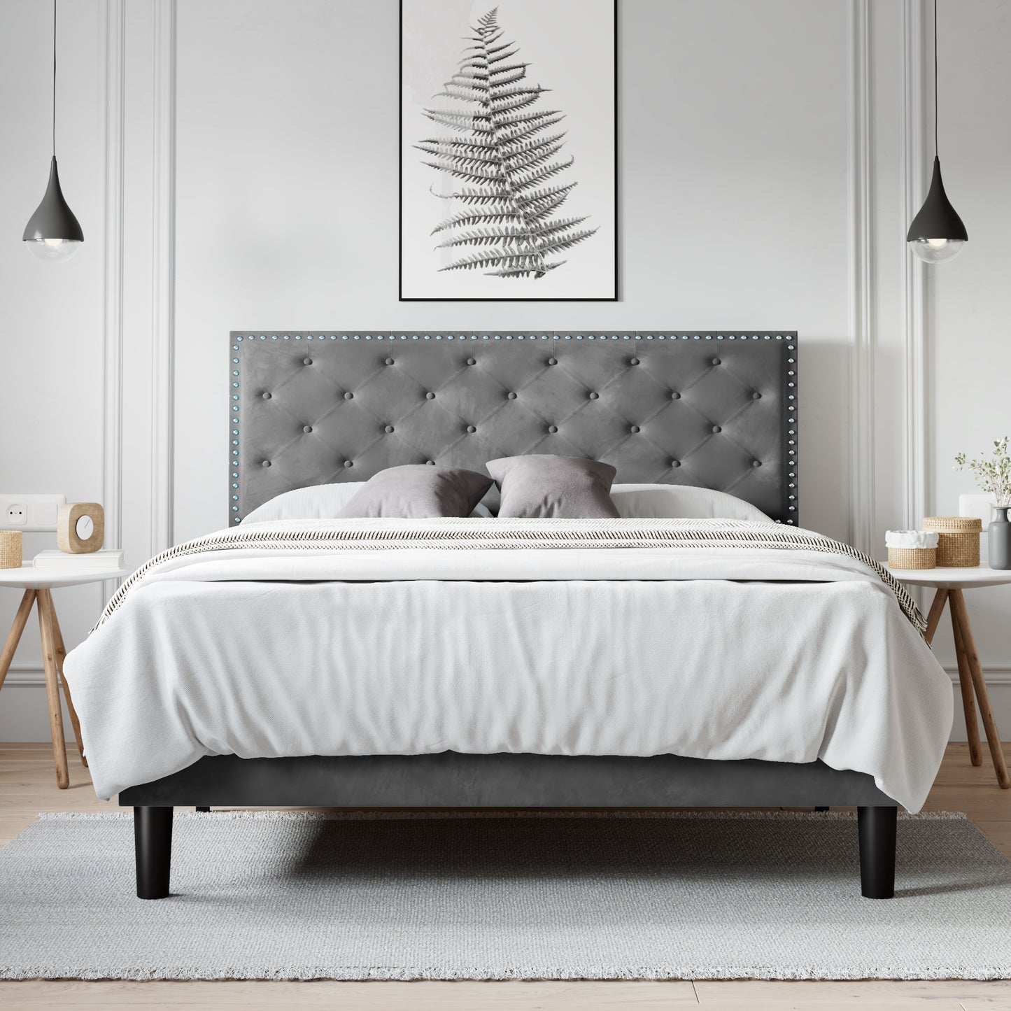 Allewie Bed Frame, Velvet Upholstered Platform Bed with Adjustable Diamond Button Tufted & Nailhead Trim Headboard
