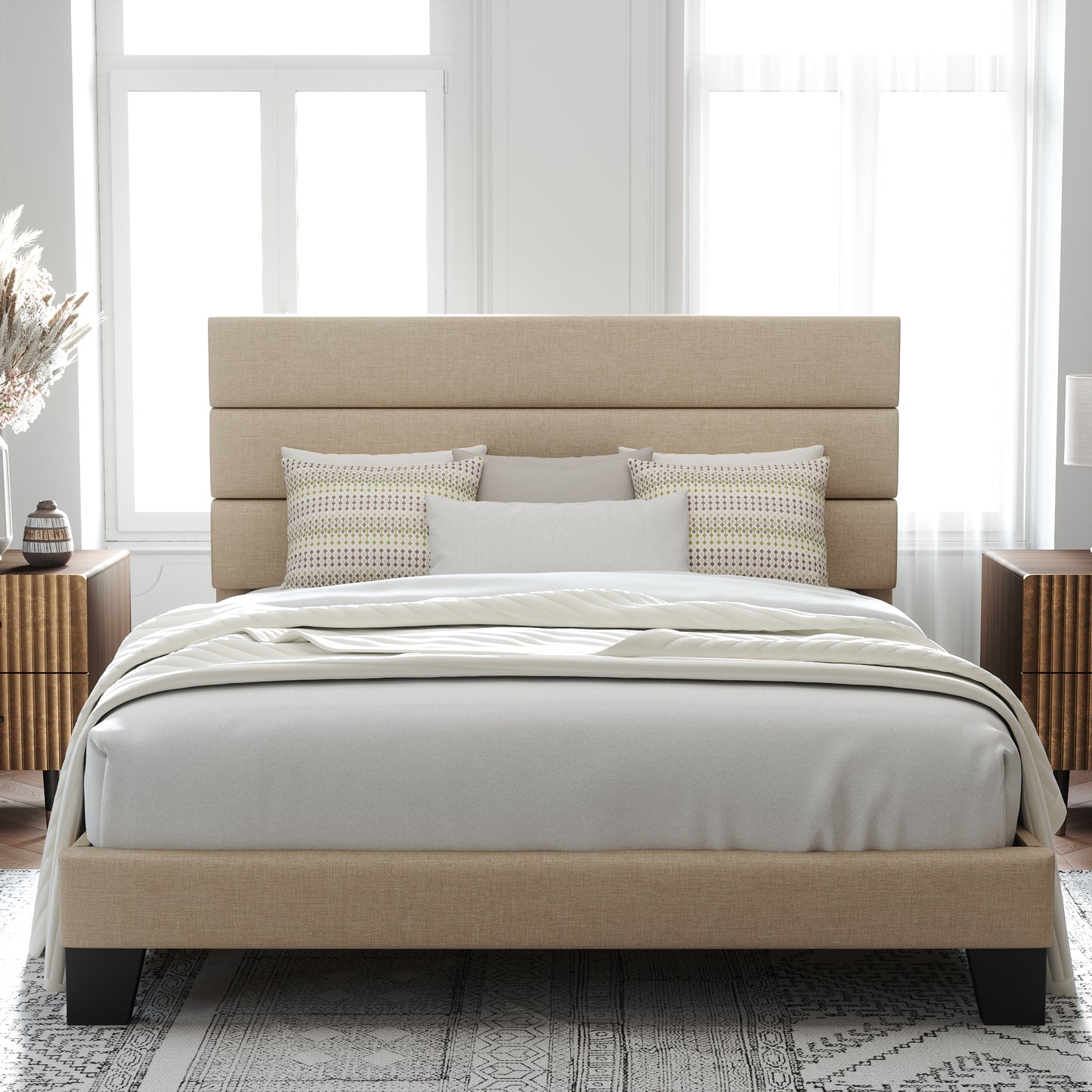 Allewie Full Size Platform Bed Frame with Velvet Upholstered Headboard and Wooden Slats Support, Black
