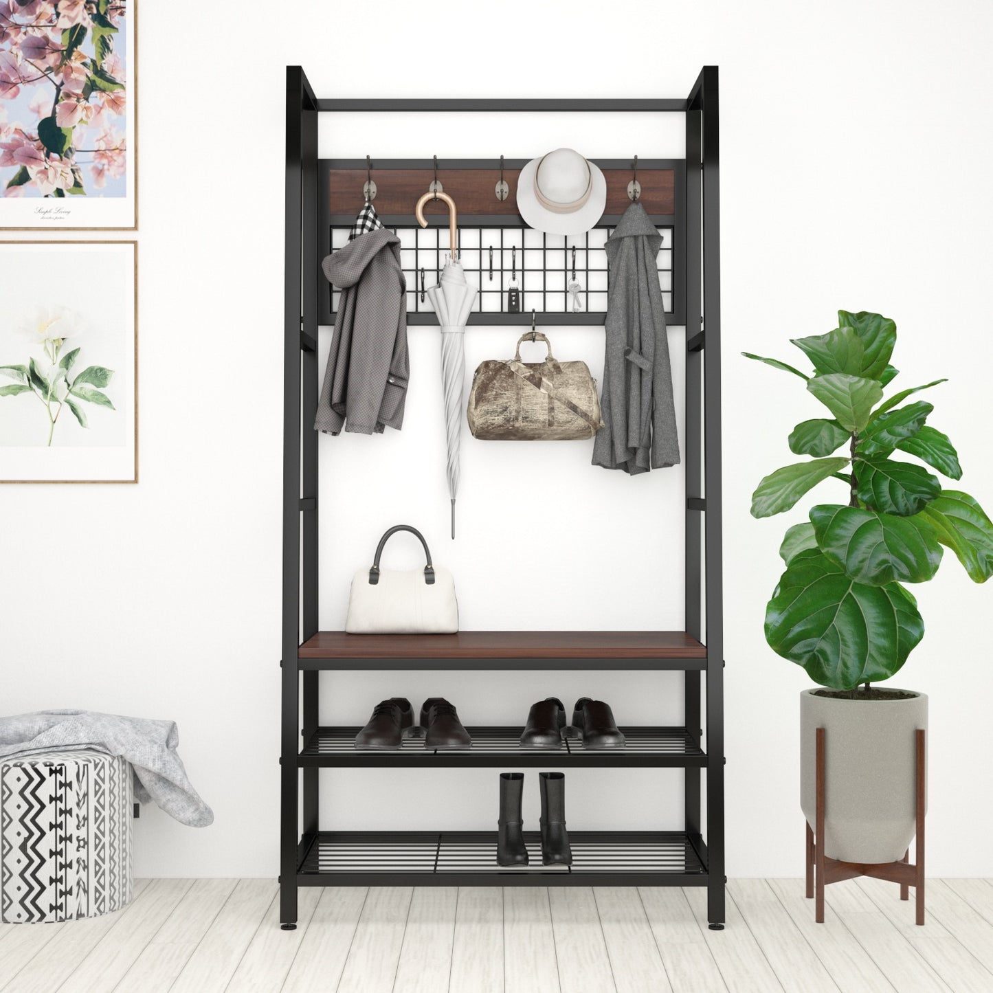 Allewie Brown Industrial Hall Tree with 3-Tier Storage Shelves, Metal Frame Coat Rack Shoe Bench with Removable Hooks