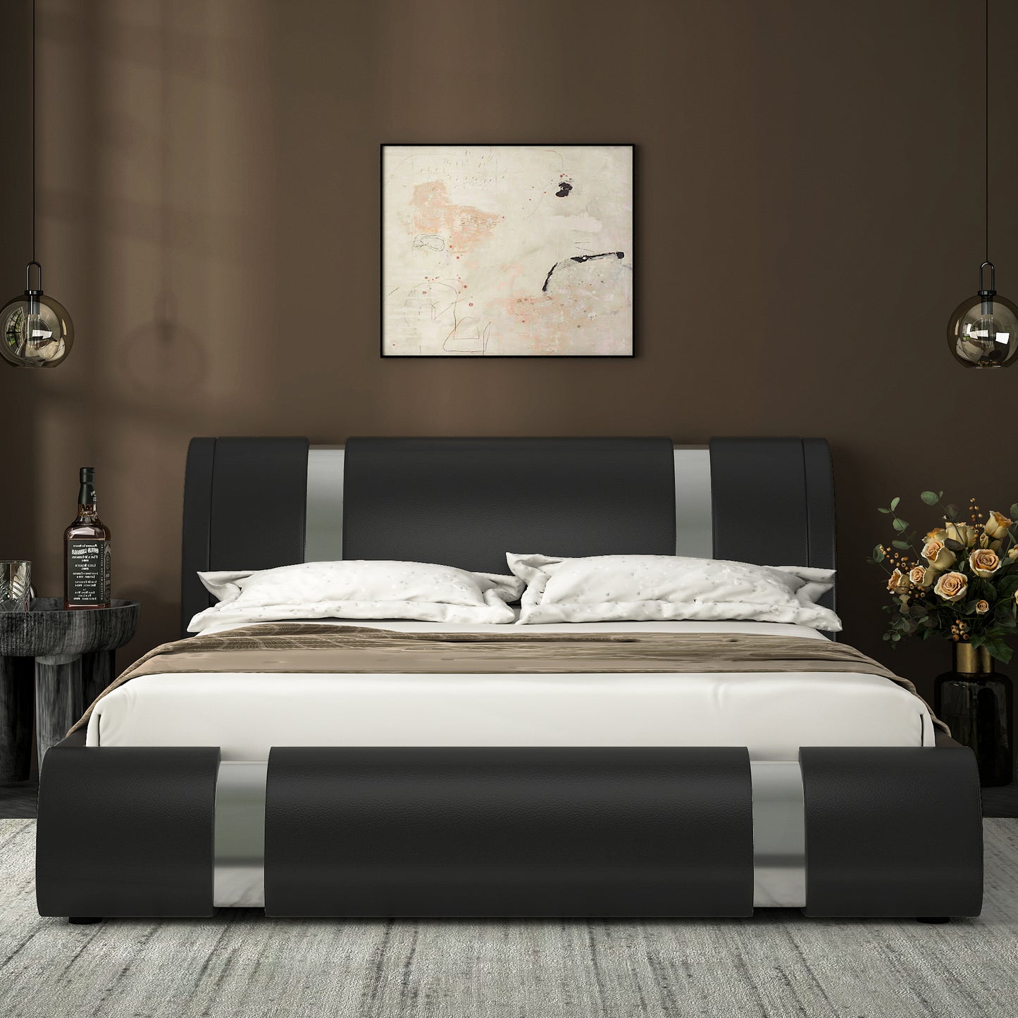 Allewie Deluxe Upholstered Modern Platform Bed with Iron Pieces Decor and Adjustable Headboard and Solid Wooden Slats Support