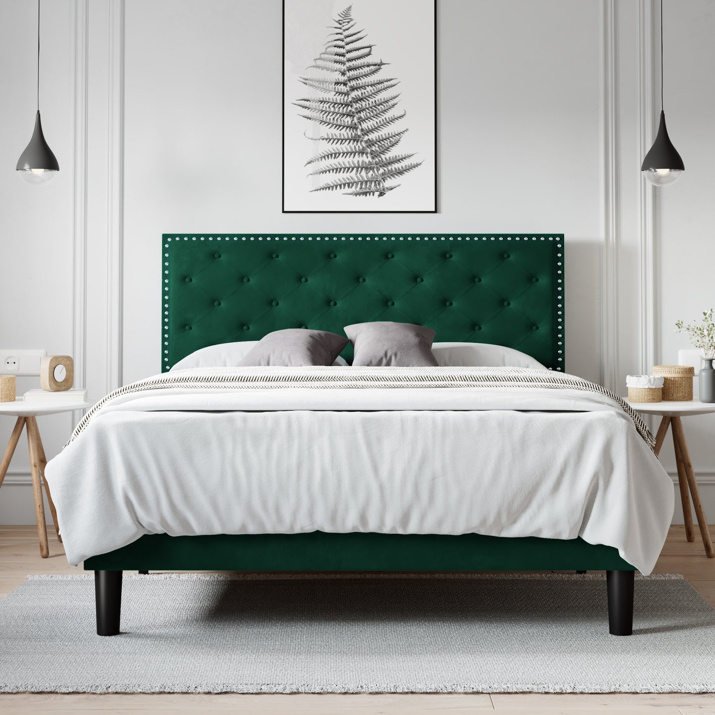 Allewie Bed Frame, Velvet Upholstered Platform Bed with Adjustable Diamond Button Tufted & Nailhead Trim Headboard