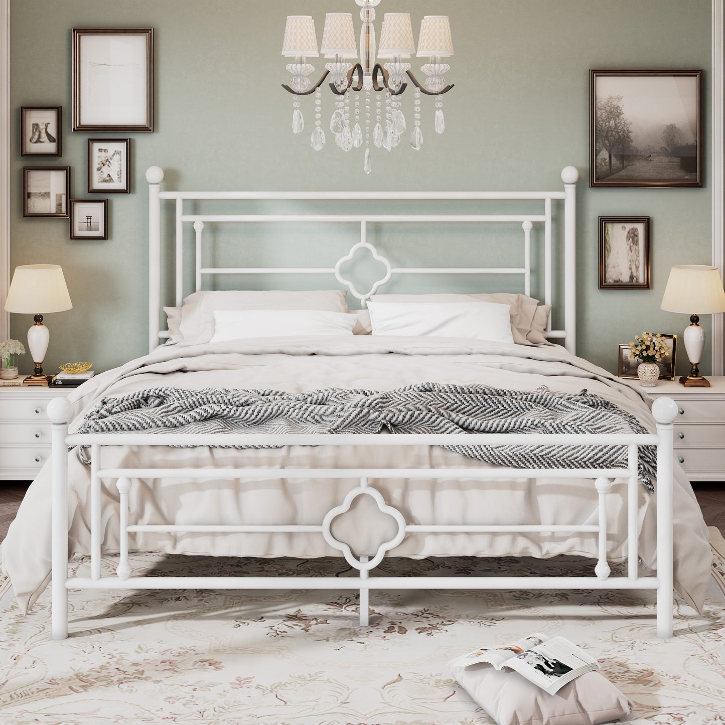 Allewie Metal Platform Bed Frame with Victorian Vintage Headboard and Footboard, Black