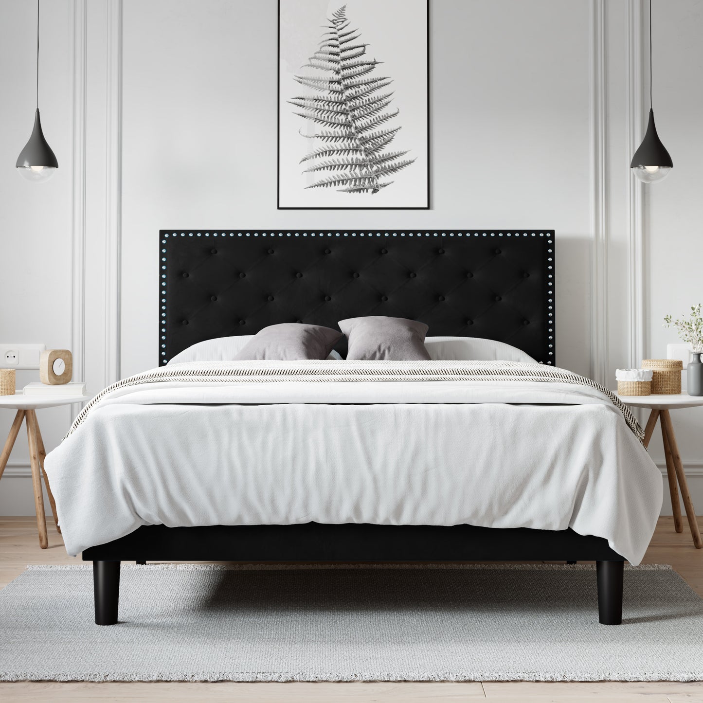 Allewie Bed Frame, Velvet Upholstered Platform Bed with Adjustable Diamond Button Tufted & Nailhead Trim Headboard