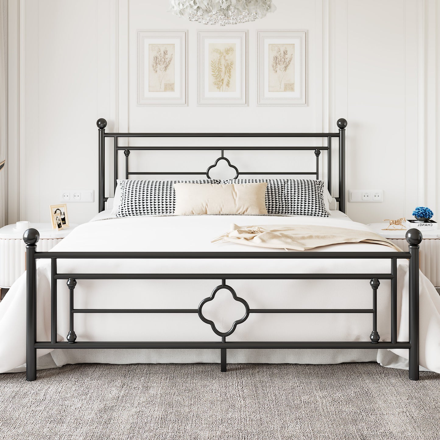 Allewie Metal Platform Bed Frame with Victorian Vintage Headboard and Footboard, Black