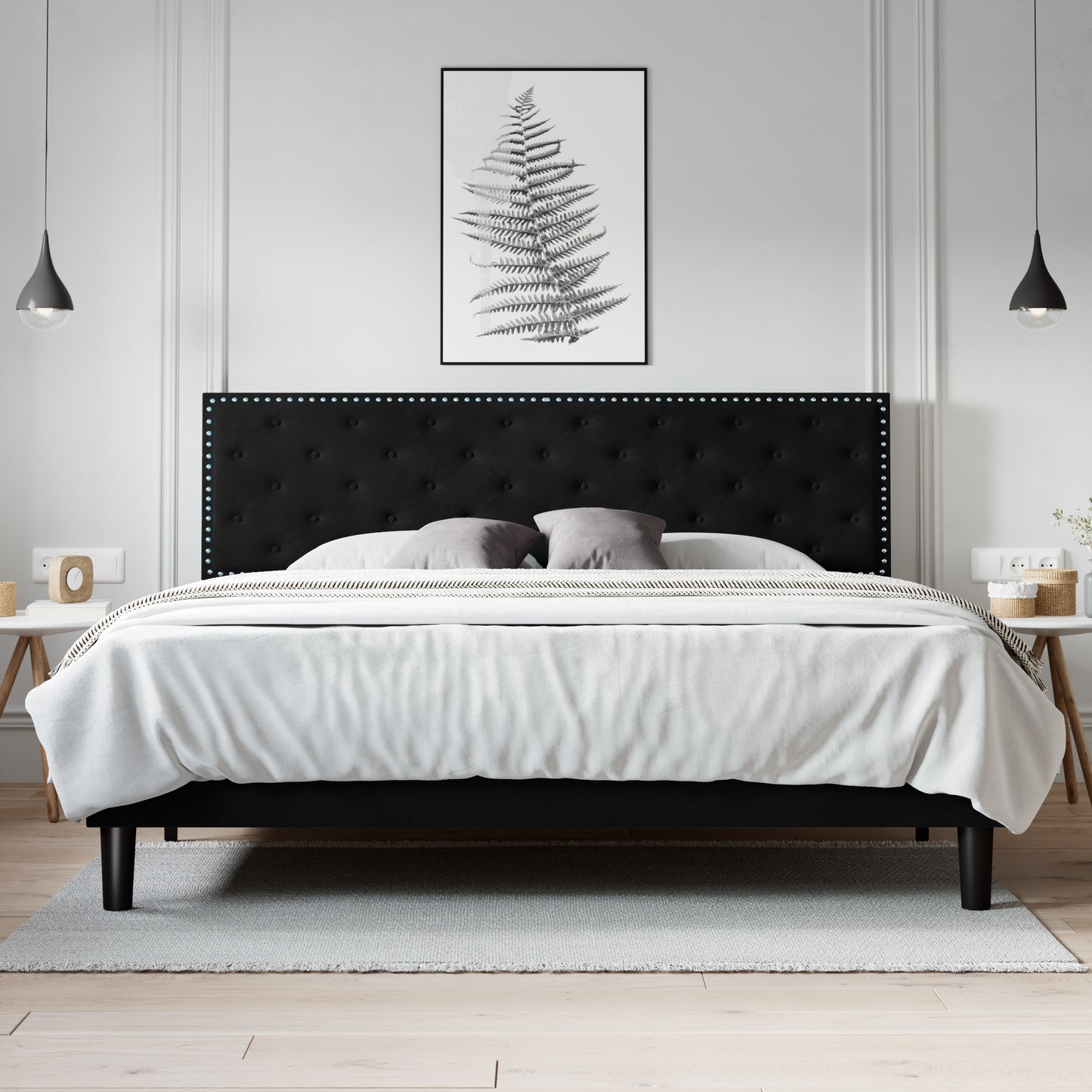 Allewie Bed Frame, Velvet Upholstered Platform Bed with Adjustable Diamond Button Tufted & Nailhead Trim Headboard