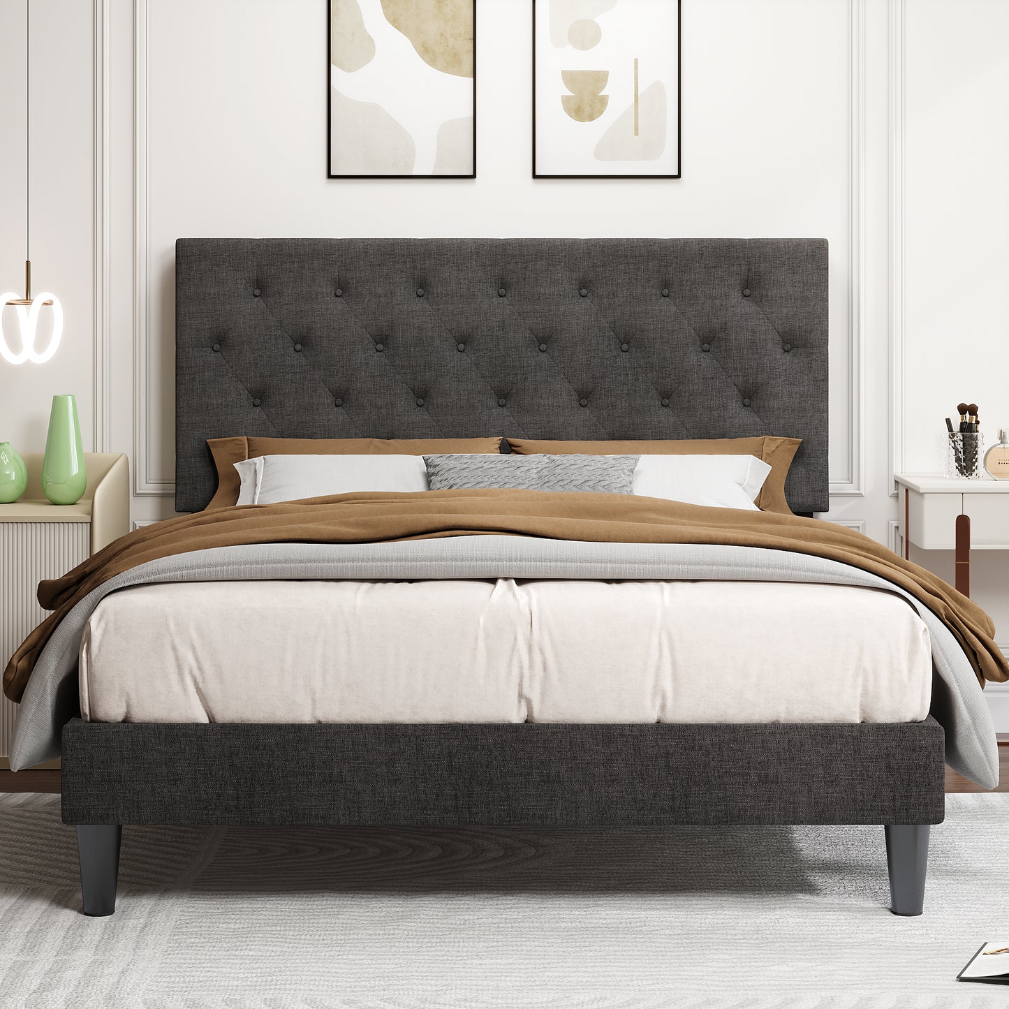 Allewie Faux Leather Upholstered Platform Bed Frame with Adjustable Diamond Stitched Button Tufted Headboard, White