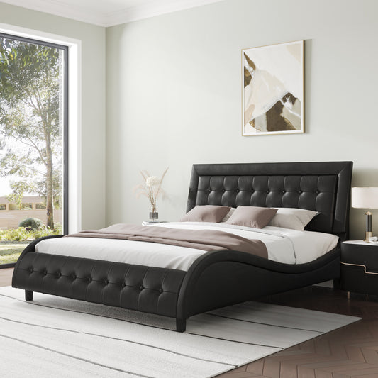 Allewie Leather Platform Bed Frame with Modern Wavy Box-Tufted Adjustable Headboard, Black