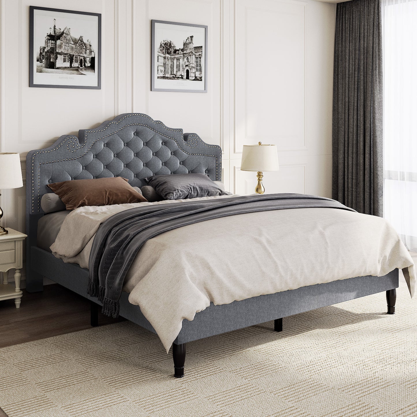 Allewie Platform Bed Frame with Upholstered Diamond Button Tufted Adjustable Fabric Headboard, Dark Grey