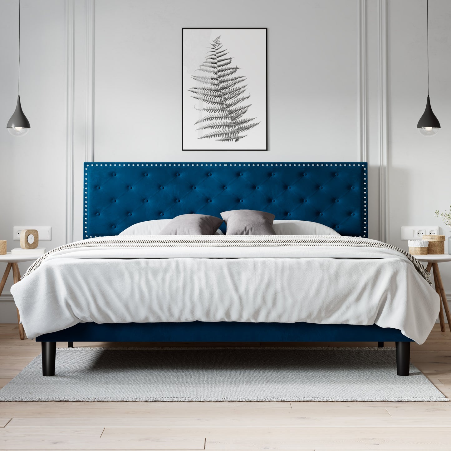 Allewie Bed Frame, Velvet Upholstered Platform Bed with Adjustable Diamond Button Tufted & Nailhead Trim Headboard
