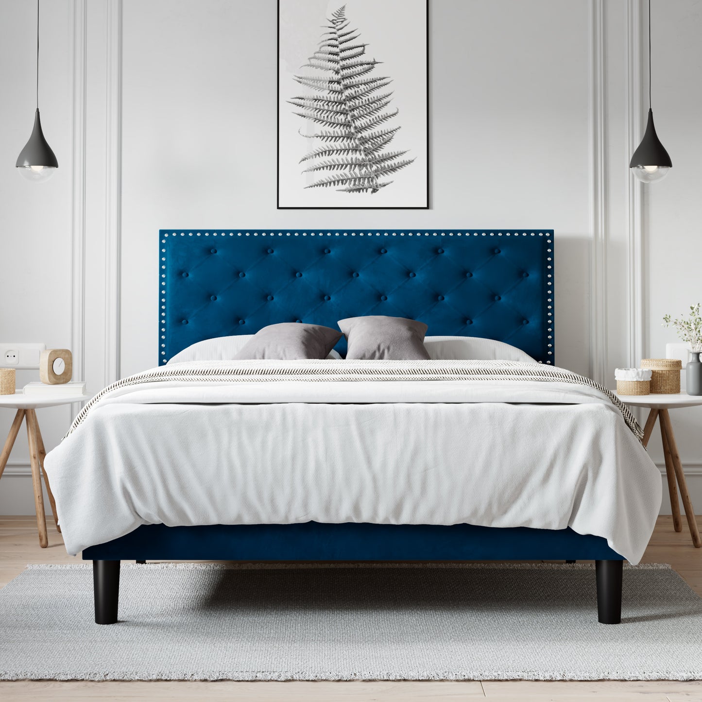 Allewie Bed Frame, Velvet Upholstered Platform Bed with Adjustable Diamond Button Tufted & Nailhead Trim Headboard