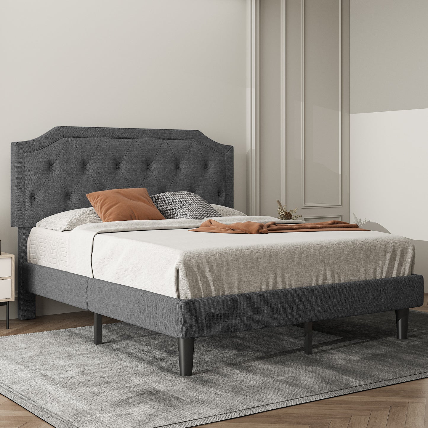 Allewie Upholstered Platform Bed Frame with Diamond Button Tufted Headboard, Sturdy Wood Slat Support