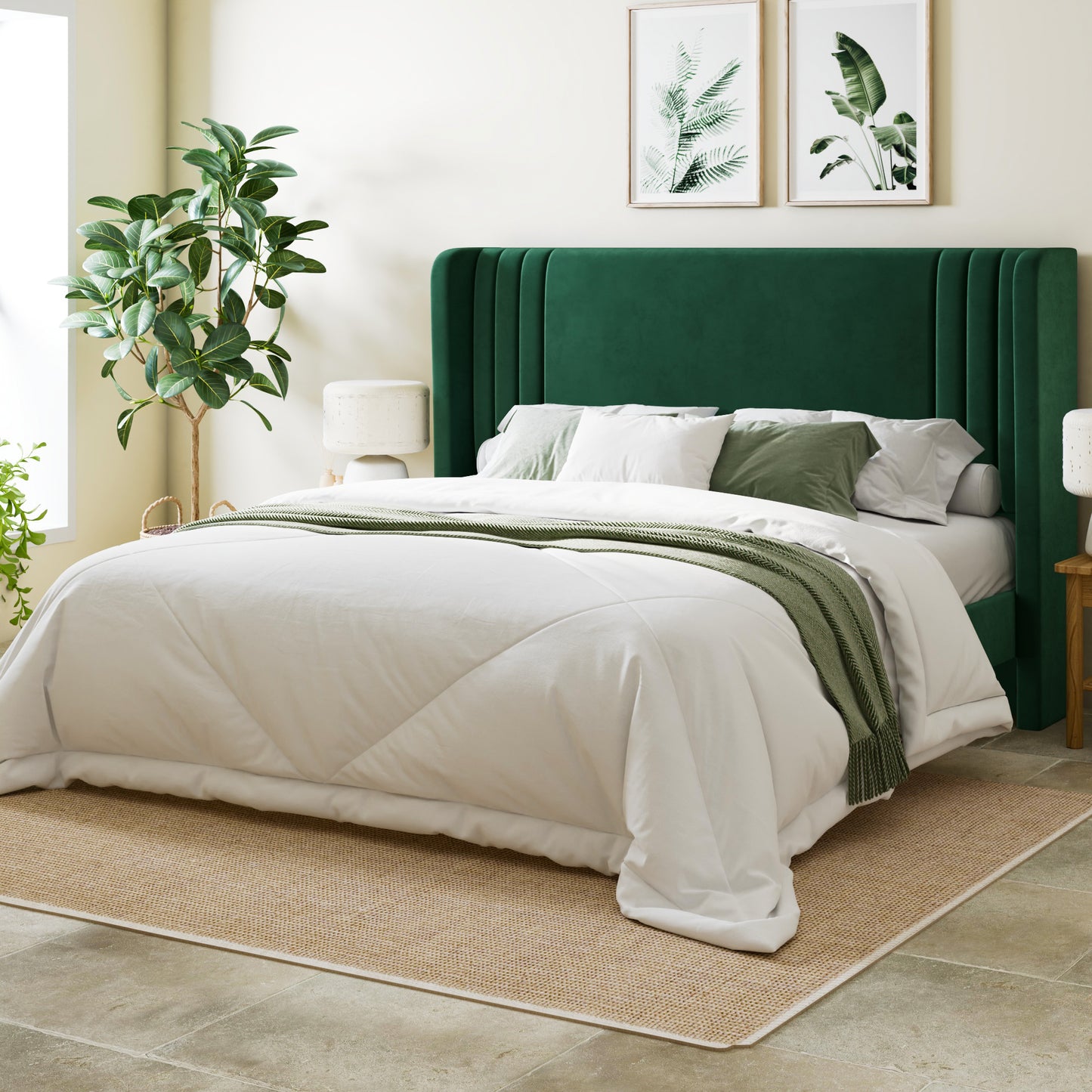 Allewie Velvet Platform Bed Frame with Vertical Tufted Wingback Headboard, Easy Assembly, Under Bed Storage, No Box Spring Required, Modern Style