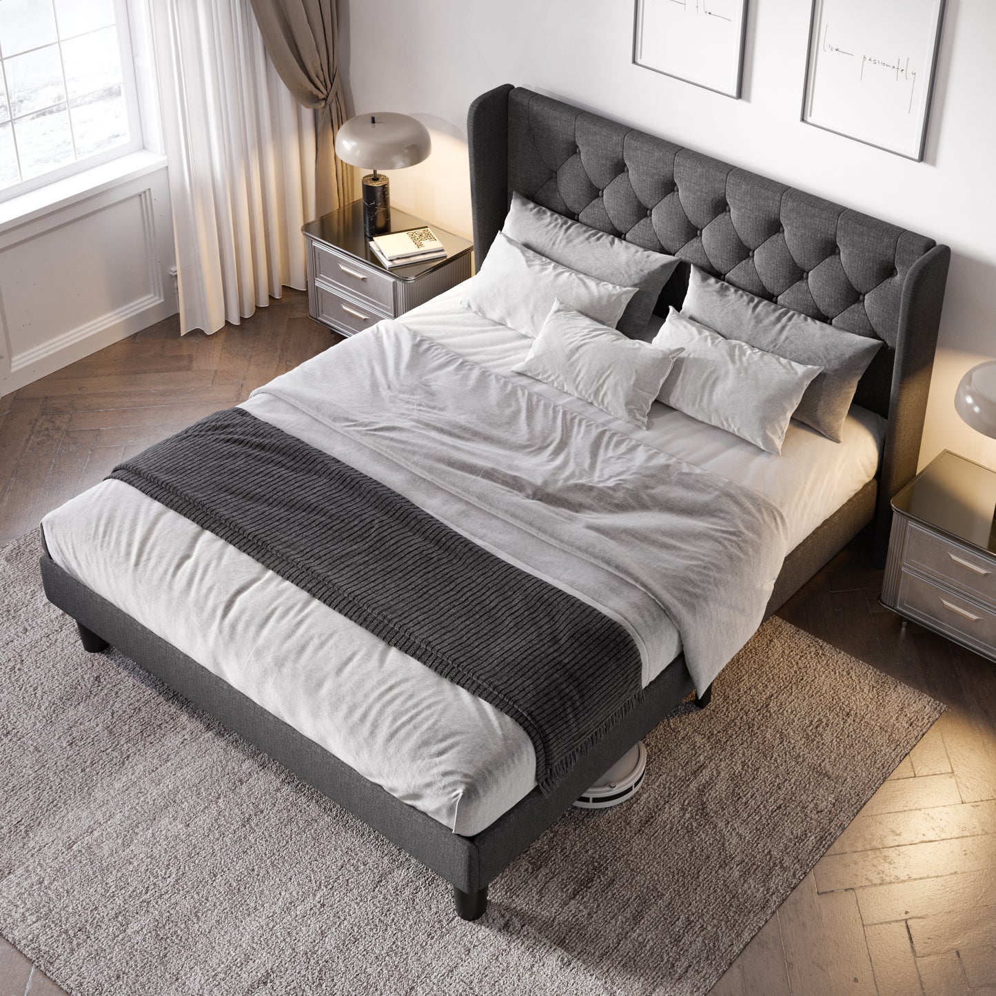Allewie Bed Frame with Button Tufted Upholstered Wingback Headboard