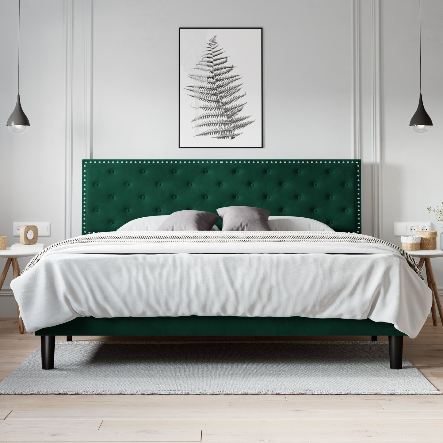 Allewie Bed Frame, Velvet Upholstered Platform Bed with Adjustable Diamond Button Tufted & Nailhead Trim Headboard