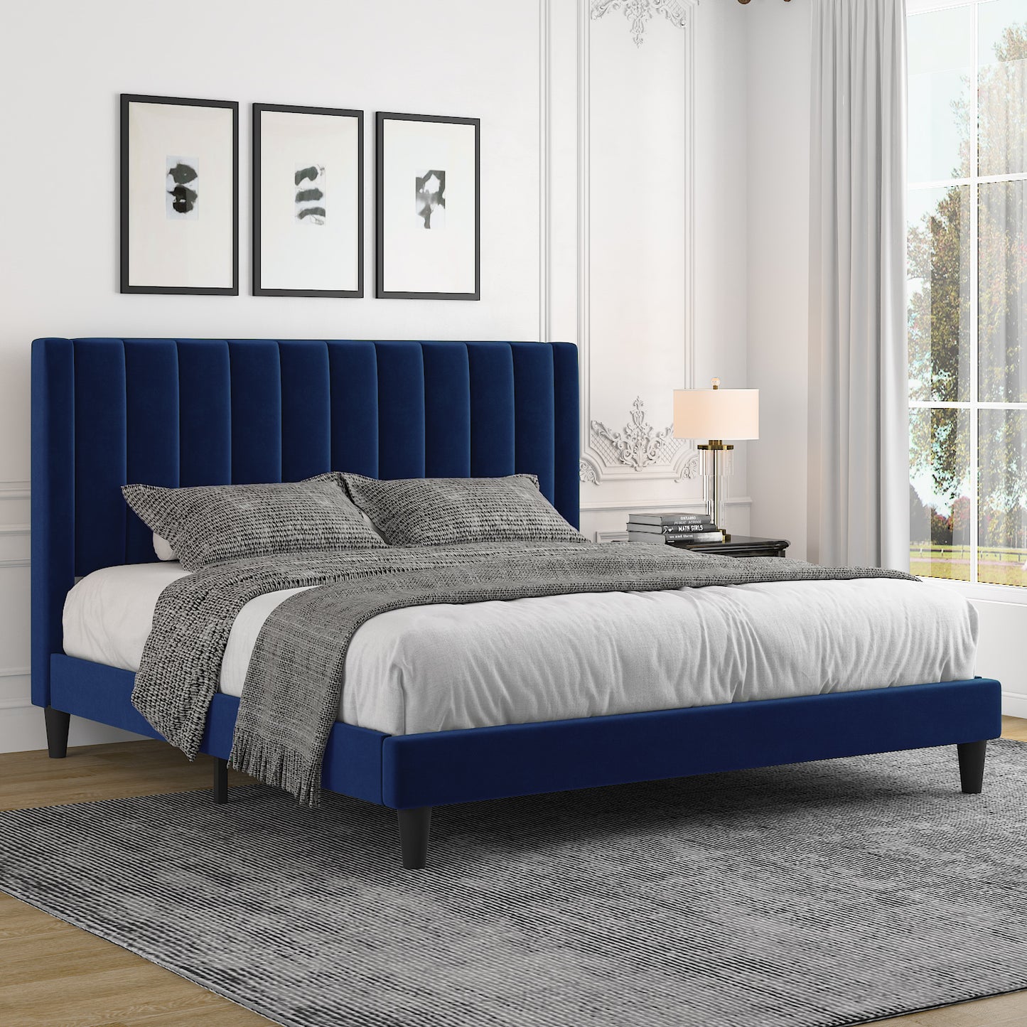 Allewie Velvet Upholstered Bed Frame with Vertical Channel Tufted Headboard, Navy Blue