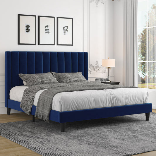 Allewie Velvet Upholstered Bed Frame with Vertical Channel Tufted Headboard, Navy Blue