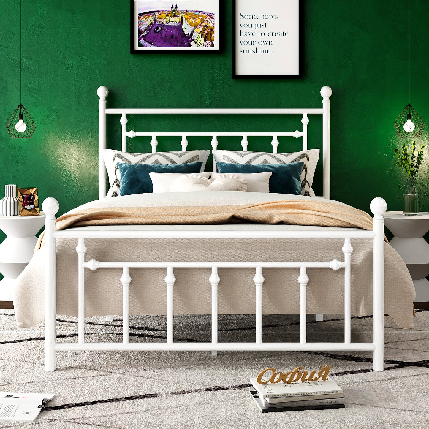 Allewie 14" Metal Platform Bed Frame with Victorian Vintage Headboard and Footboard
