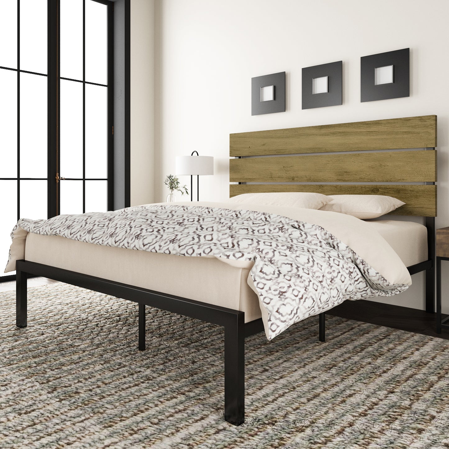 Allewie Rustic Country Style Wooden Headboard Metal Platform Bed with Strong Metal Slats
