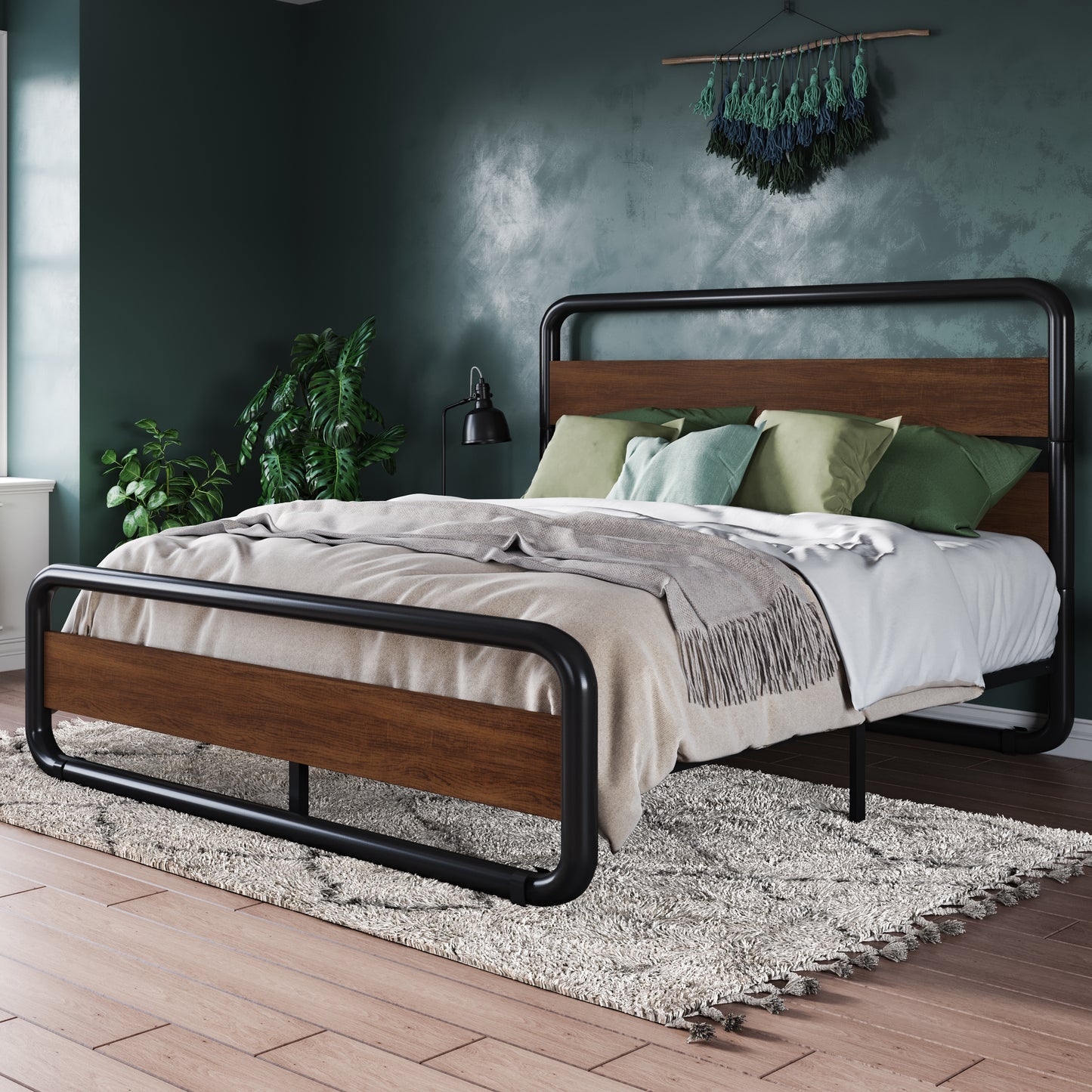 Allewie Metal Bed Frame with Wooden Headboard & Footboard, Heavy Duty Platform Frame with Under-Bed Storage