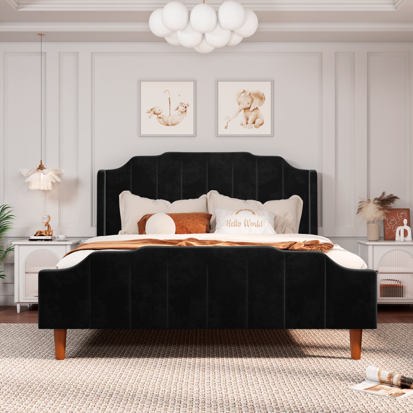Allewie Queen Size Velvet Platform Bed Frame with Modern Curved Upholstered Headboard and Footboard