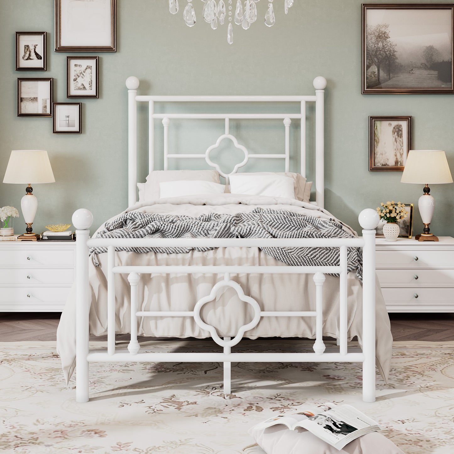 Allewie Metal Platform Bed Frame with Victorian Vintage Headboard and Footboard, Black