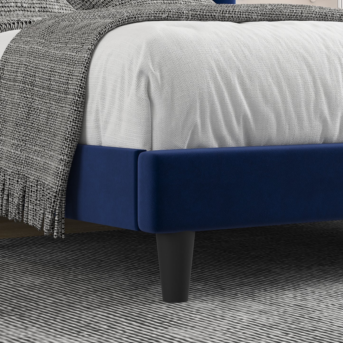Allewie Velvet Upholstered Bed Frame with Vertical Channel Tufted Headboard, Navy Blue