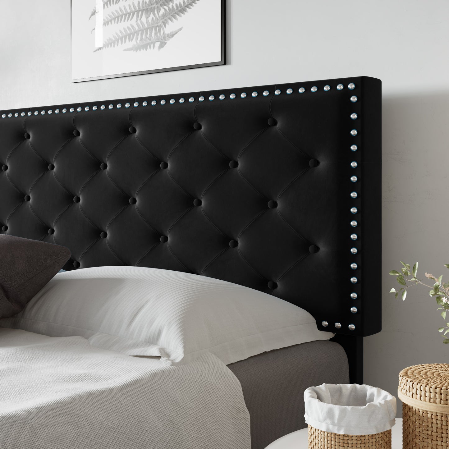 Allewie Bed Frame, Velvet Upholstered Platform Bed with Adjustable Diamond Button Tufted & Nailhead Trim Headboard