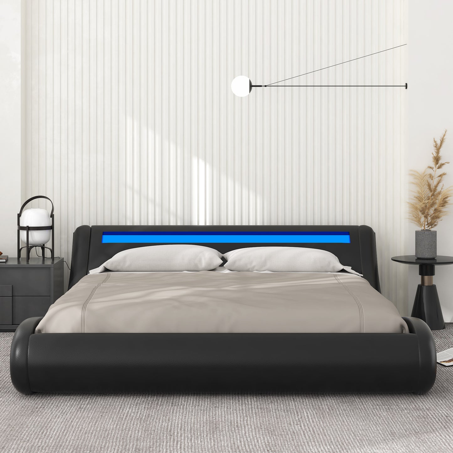 Allewie Full Size Wave-Like Curve Deluxe Upholstered Modern Bed Frame with LED Headboard