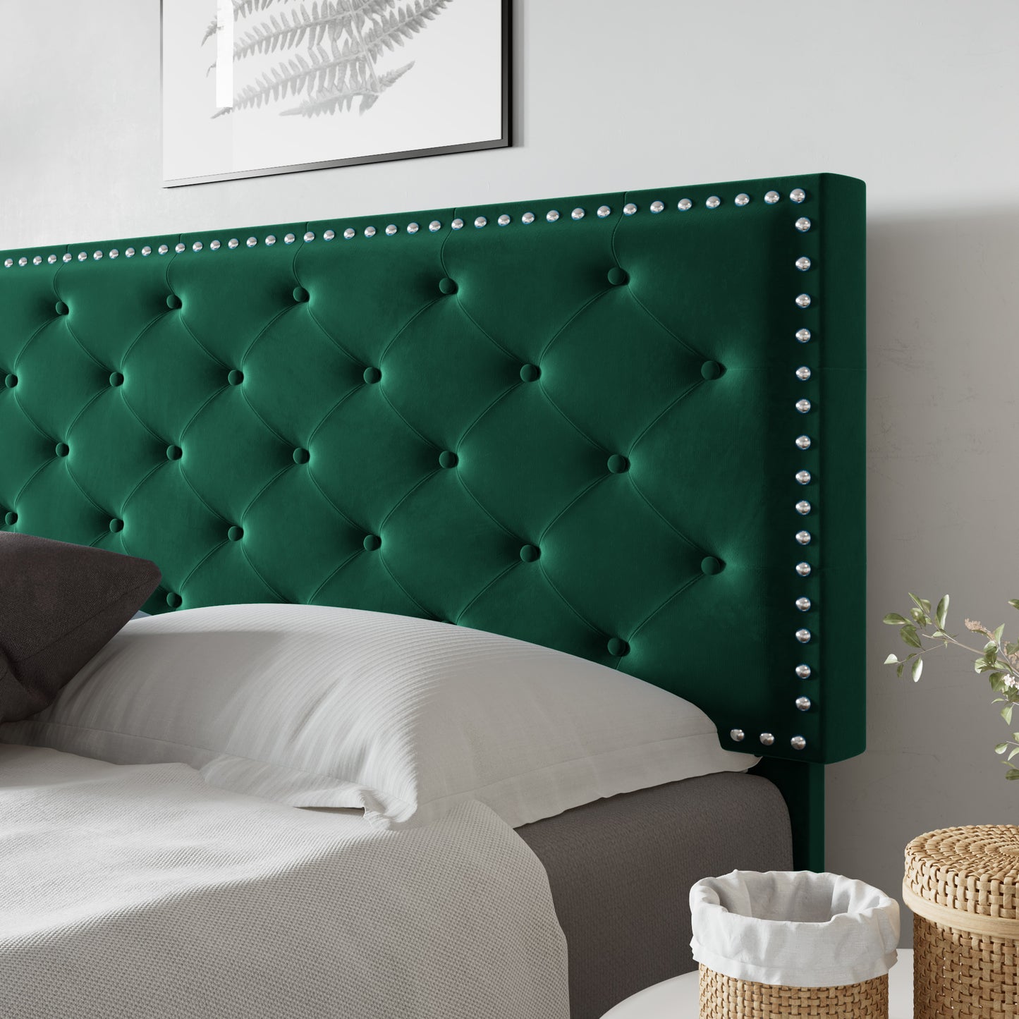 Allewie Bed Frame, Velvet Upholstered Platform Bed with Adjustable Diamond Button Tufted & Nailhead Trim Headboard