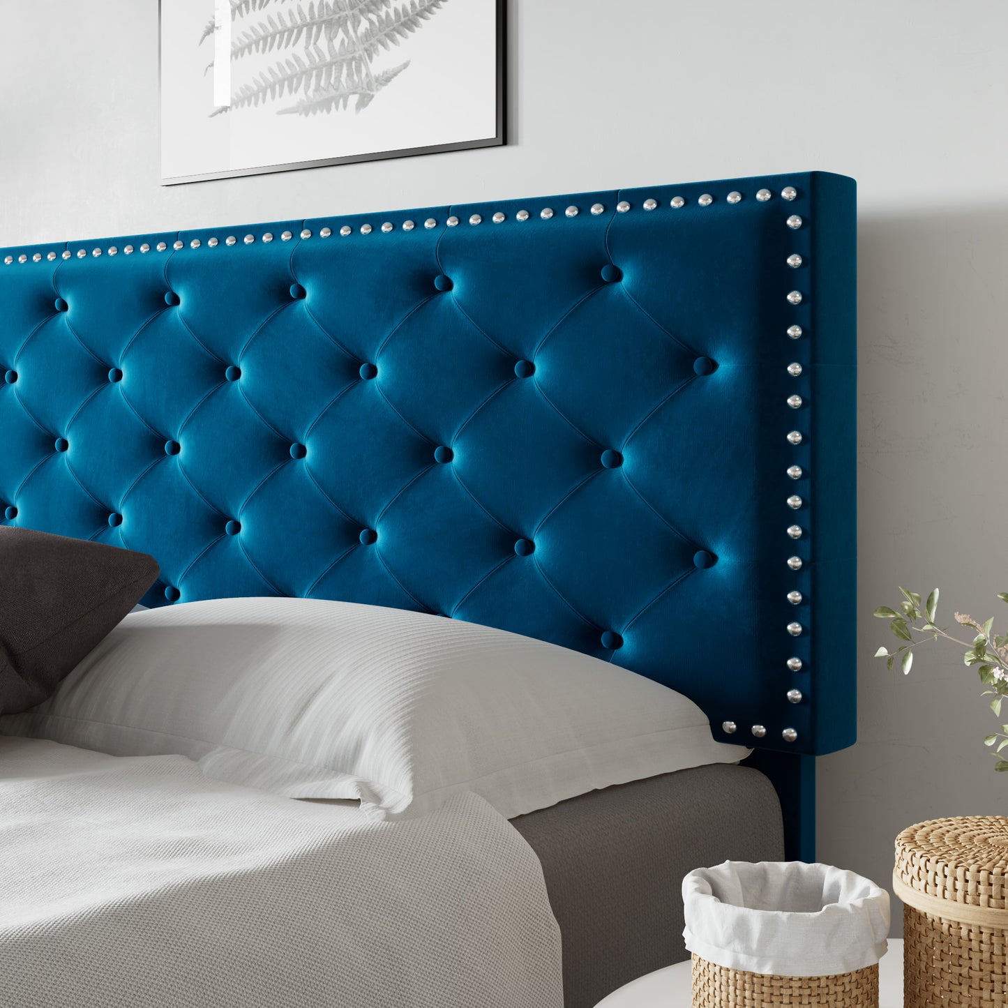 Allewie Bed Frame, Velvet Upholstered Platform Bed with Adjustable Diamond Button Tufted & Nailhead Trim Headboard