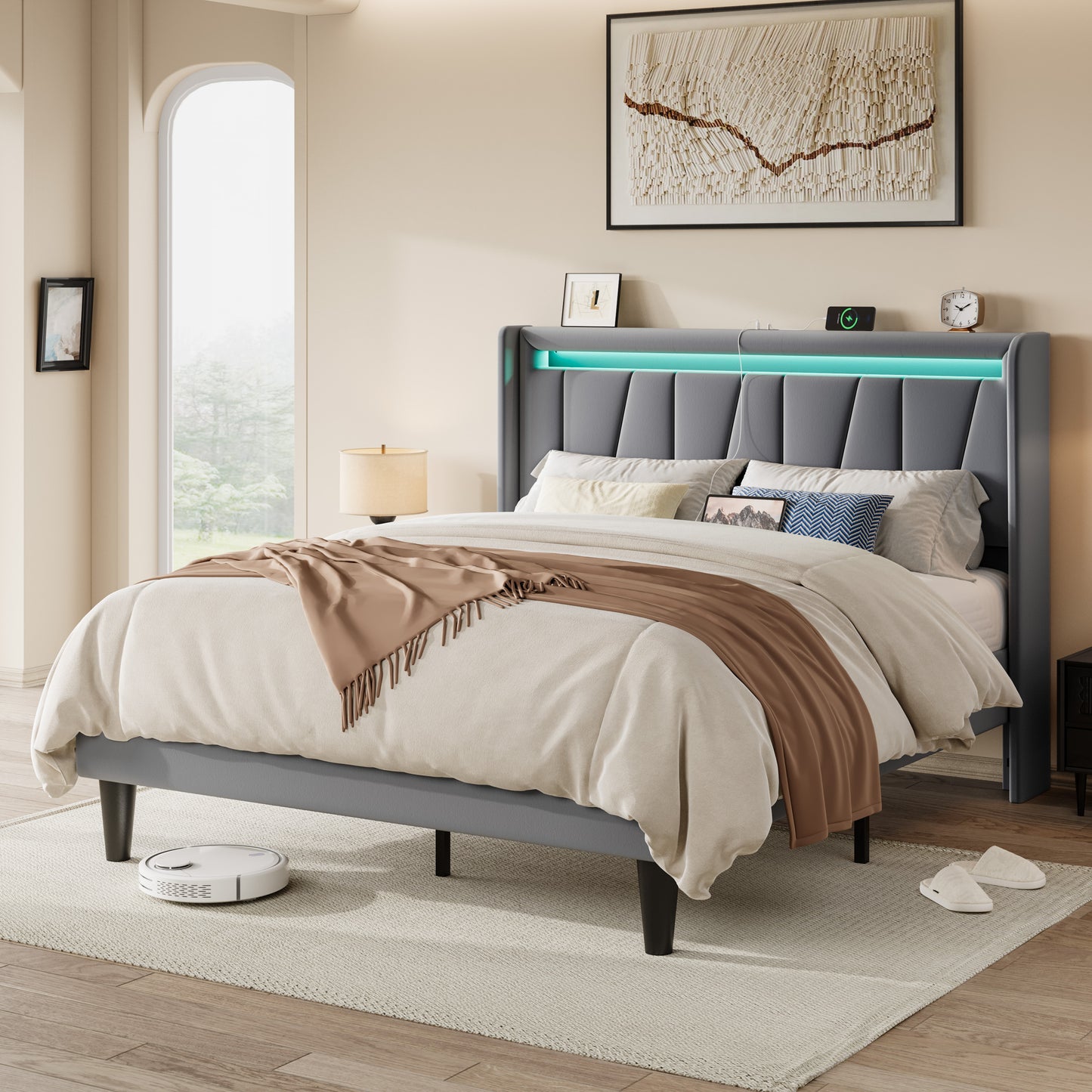 Allewie LED Bed Frame with Charging Station, Velvet Upholstered Platform Bed with Geometric Wingback Headboard