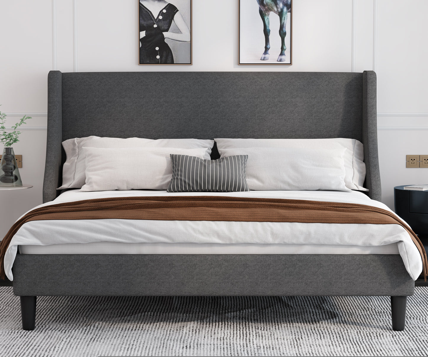 Allewie Queen Size Fabric Upholstered Platform Bed Frame with Wingback Headboard, Light Grey