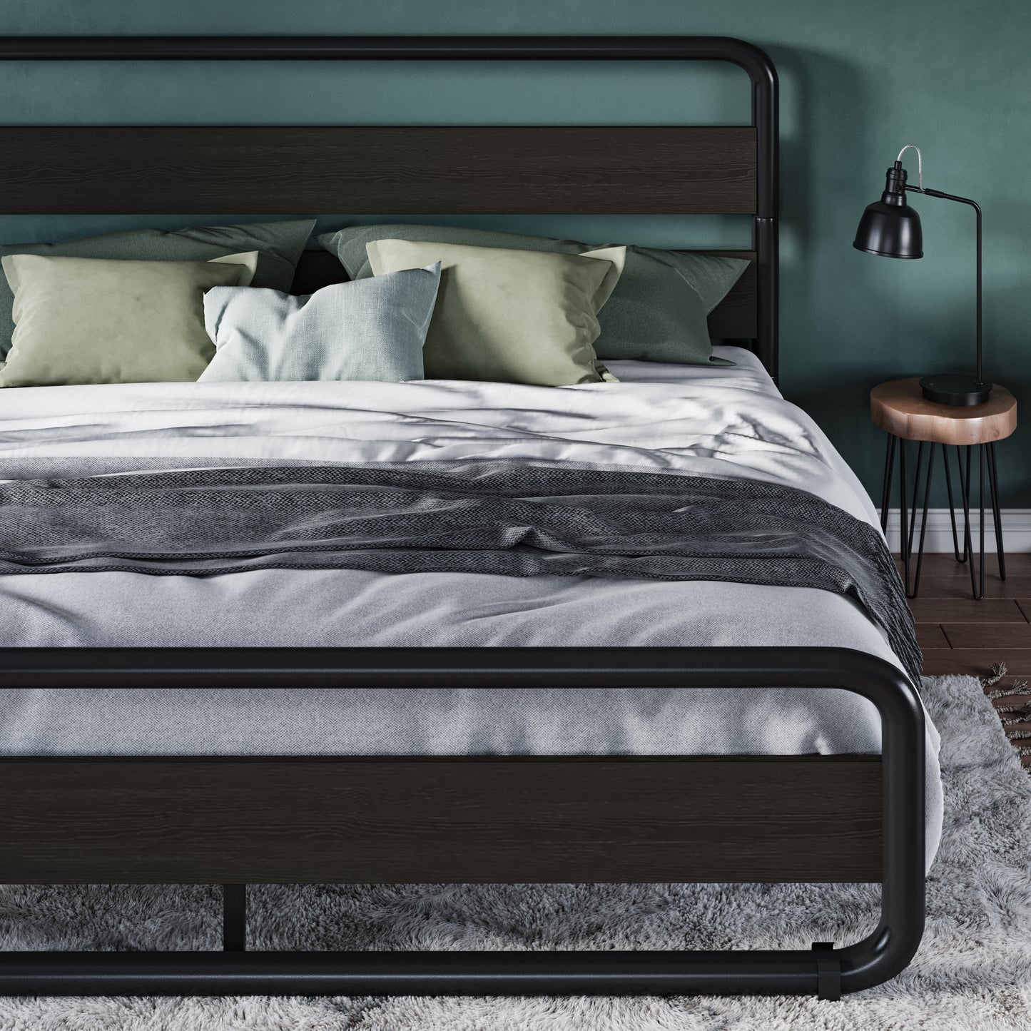 Allewie Metal Bed Frame with Wooden Headboard & Footboard, Heavy Duty Platform Frame with Under-Bed Storage