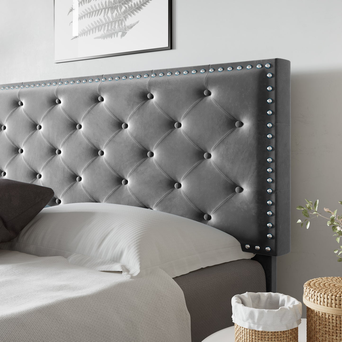 Allewie Bed Frame, Velvet Upholstered Platform Bed with Adjustable Diamond Button Tufted & Nailhead Trim Headboard