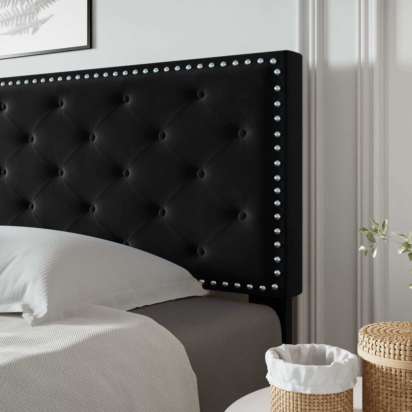 Allewie Bed Frame, Velvet Upholstered Platform Bed with Adjustable Diamond Button Tufted & Nailhead Trim Headboard