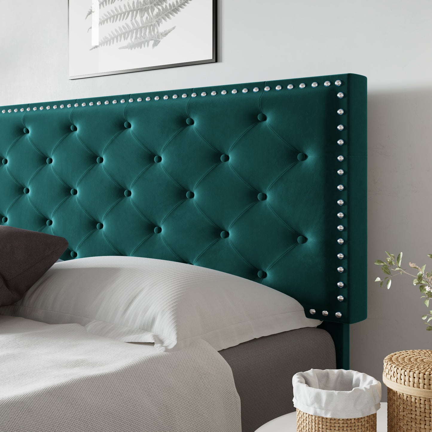 Allewie Bed Frame, Velvet Upholstered Platform Bed with Adjustable Diamond Button Tufted & Nailhead Trim Headboard