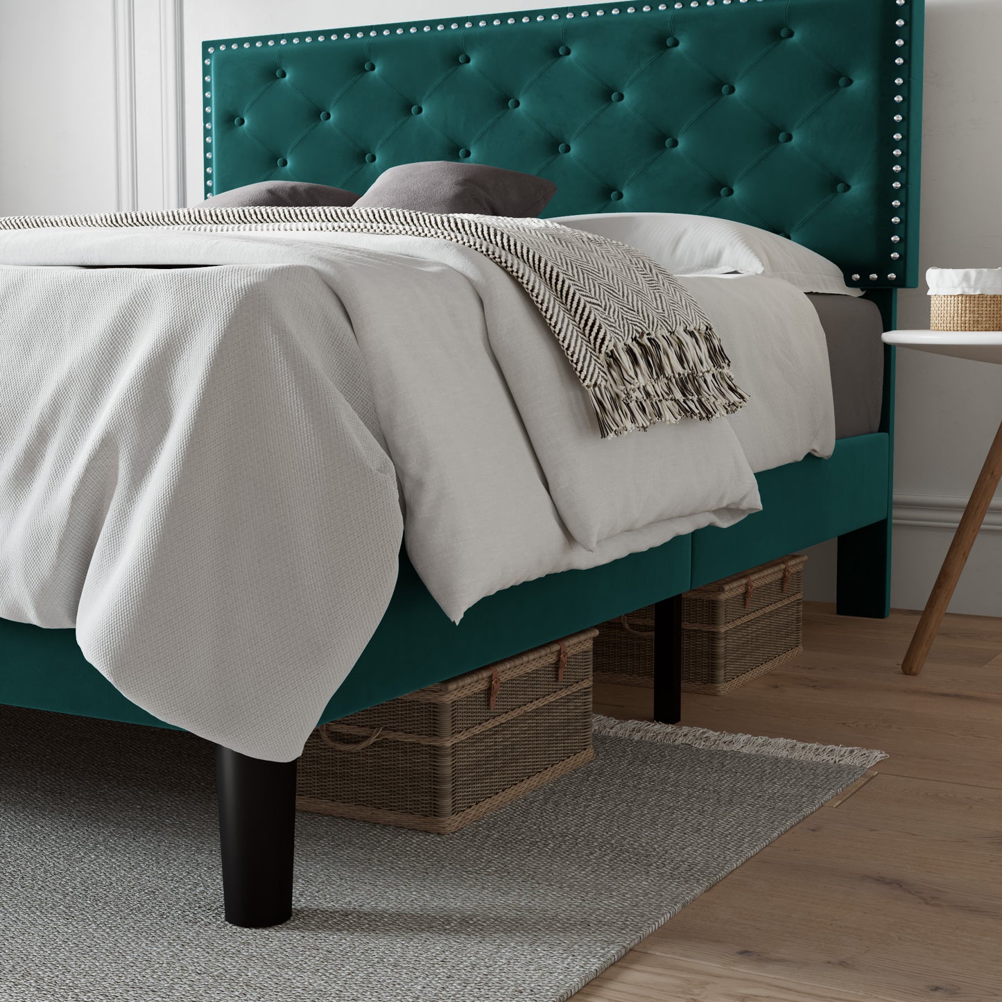 Allewie Bed Frame, Velvet Upholstered Platform Bed with Adjustable Diamond Button Tufted & Nailhead Trim Headboard