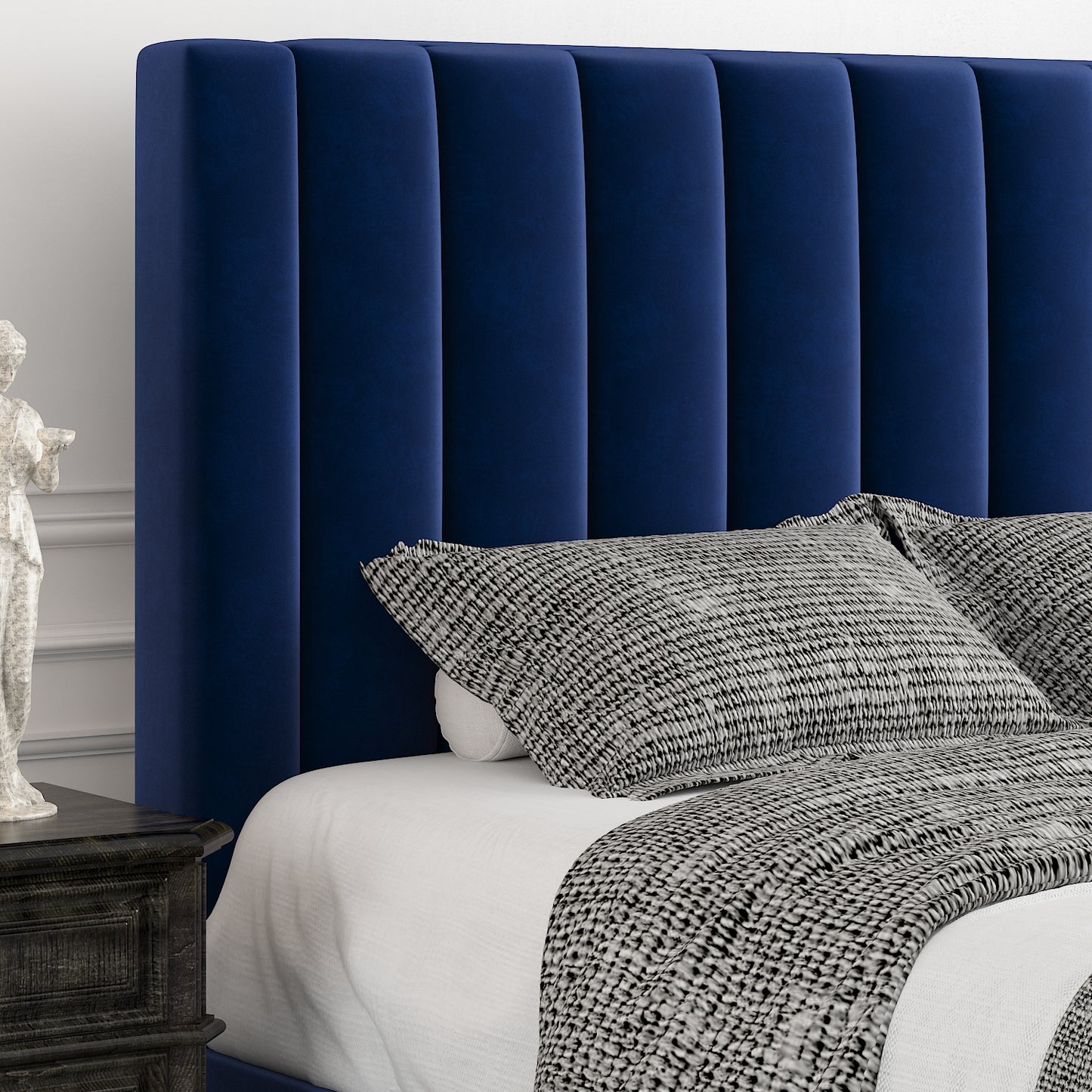 Allewie Velvet Upholstered Bed Frame with Vertical Channel Tufted Headboard, Navy Blue